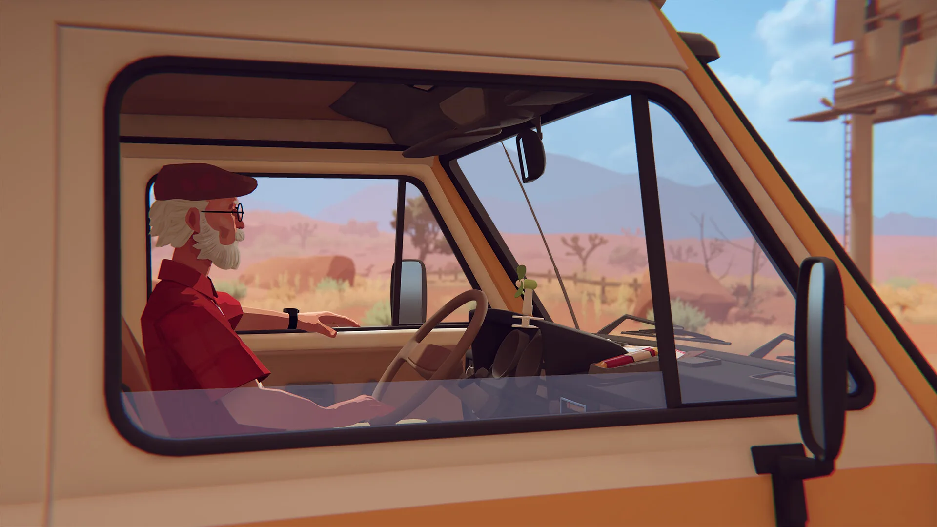 Alfred driving the camper van, seen through its side window in Forever Ago