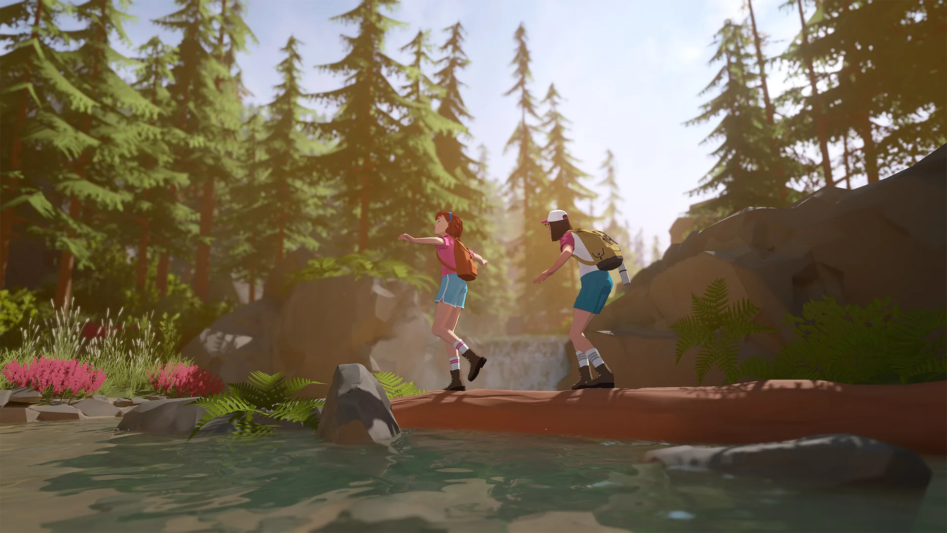A young couple crossing a wooded stream on stepping stones in Forever Ago
