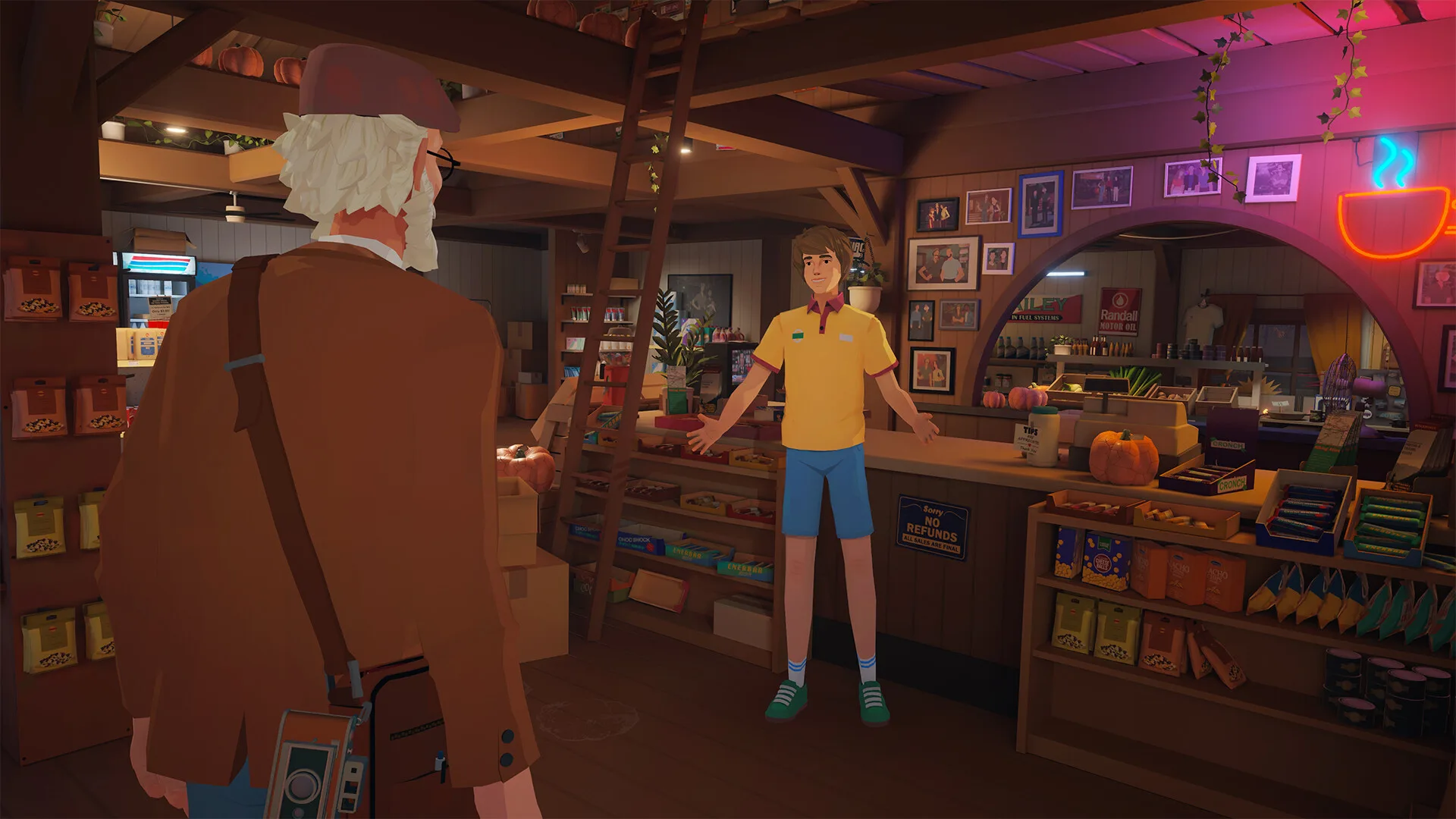 Alfred speaking to the clerk inside a neon-lit roadside shop in Forever Ago