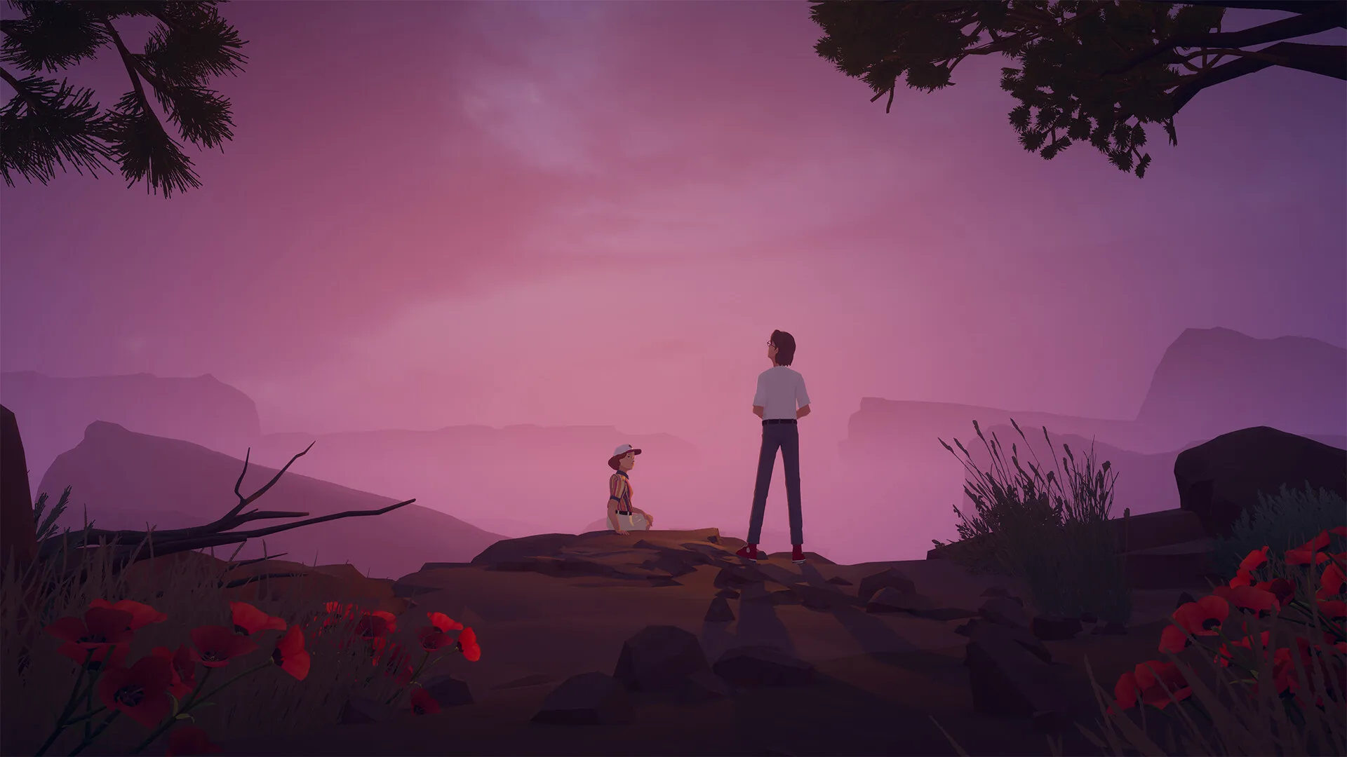 A person and dog on a rocky overlook under a pink sky in Forever Ago
