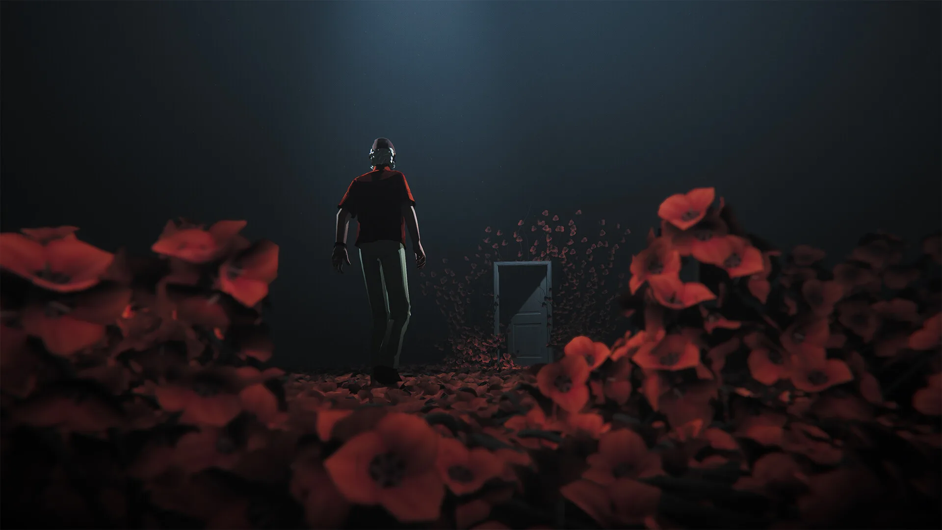 Alfred among red petals in a dark dream scene in Forever Ago