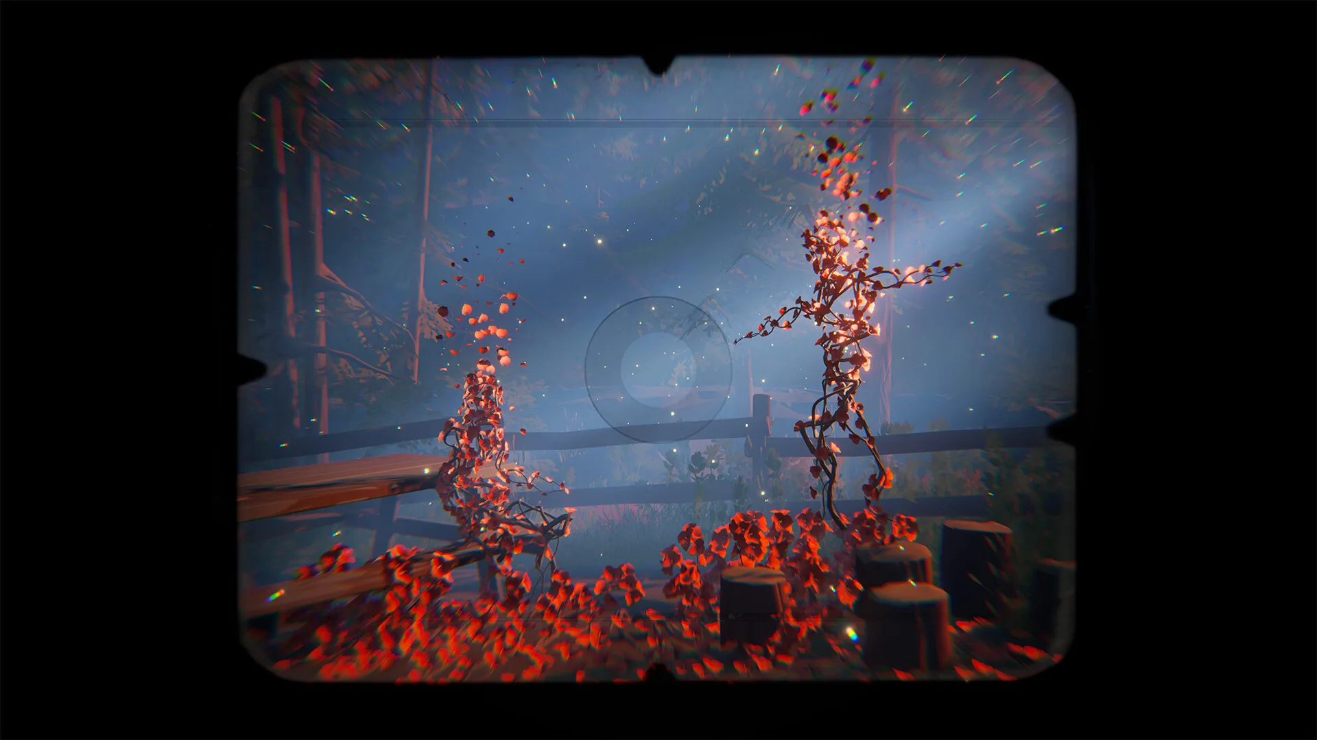 A camera viewfinder framing red petals and a memory scene in Forever Ago